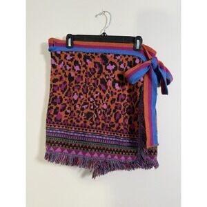 Farm Rio Mini Skirt Womens XS Ainika Tapestry Sweater Knit Leopard Wrap Fringe